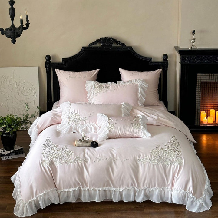 Romantic Ruffled Satin‑Feel Floral Appliqué Duvet Cover Ensemble