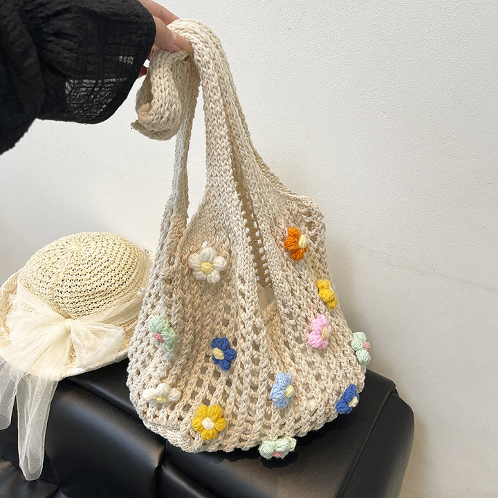 Floral Embellished Crochet Tote