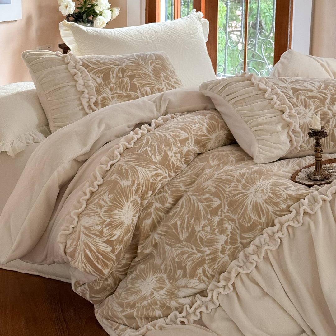 Ruched Gathered Cotton Sateen Duvet Cover Set with Floral Jacquard Quilted Shams and Ruffled Edge