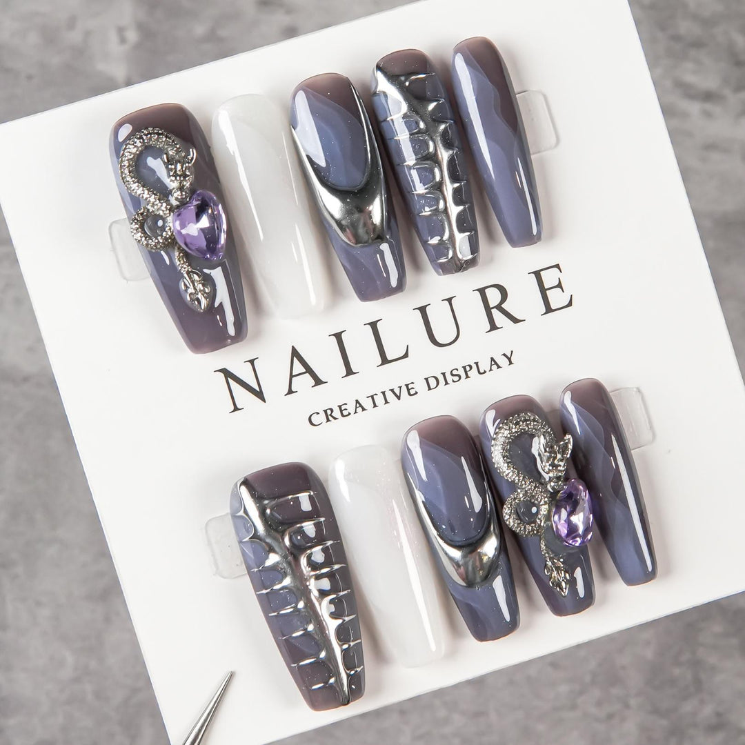 Artistic Sculpted Nail Set with Metallic Accents