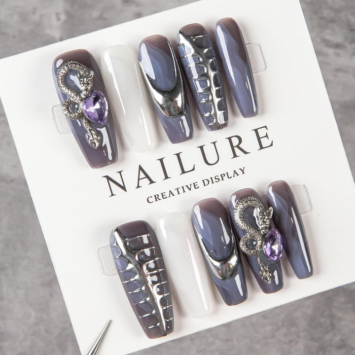Artistic Sculpted Nail Set with Metallic Accents