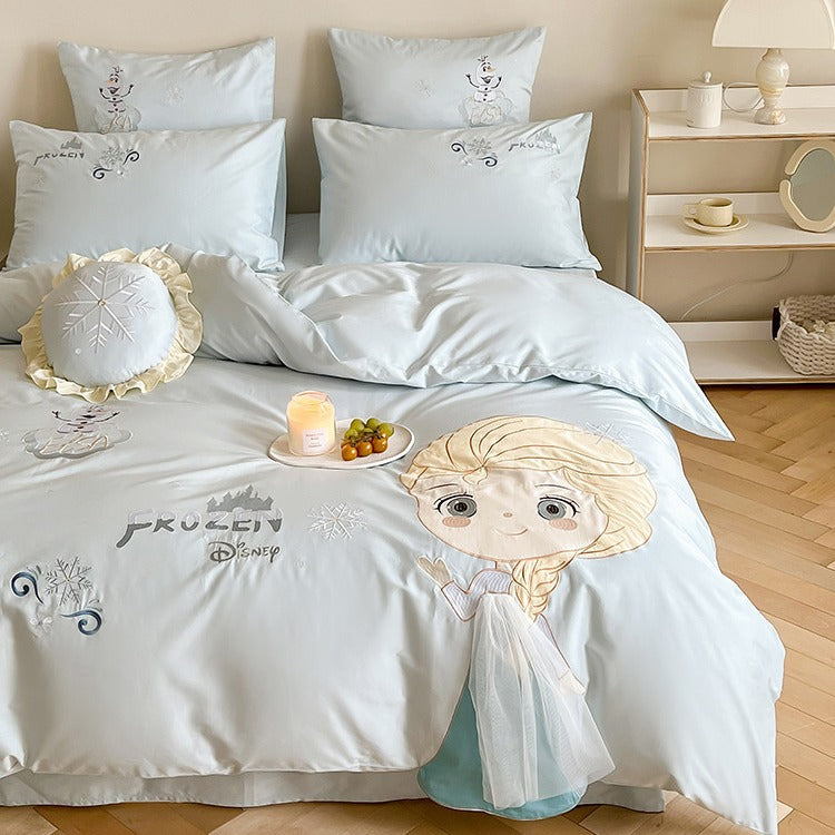 Children's Cartoon Embroidered Princess Duvet Cover Set with Tulle Accent and Pillow Shams