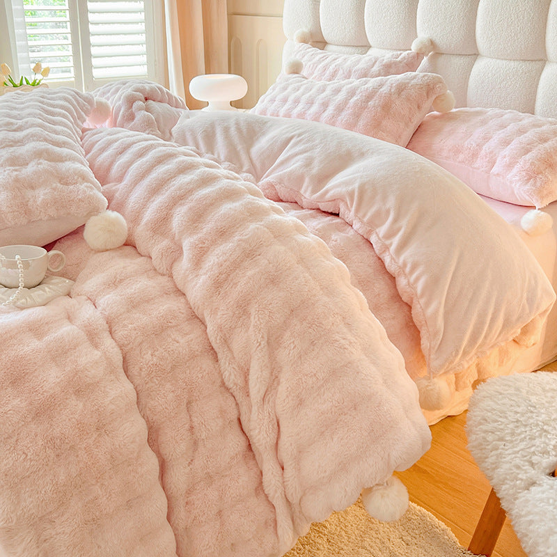 Plush Waffle-Texture Pom-Pom Duvet Cover Bedding Set