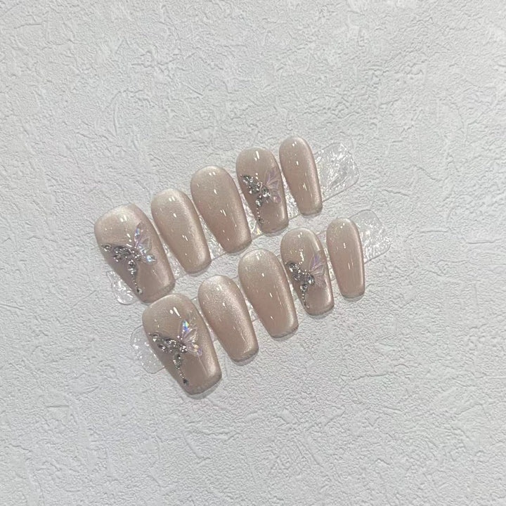 Stylish Press-On Nail Art Set with Elegant Butterfly and Gem Accents Stornfield