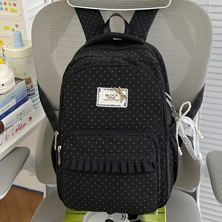 Polka Dot Patterned Backpack with Ruffle Accents Stornfield