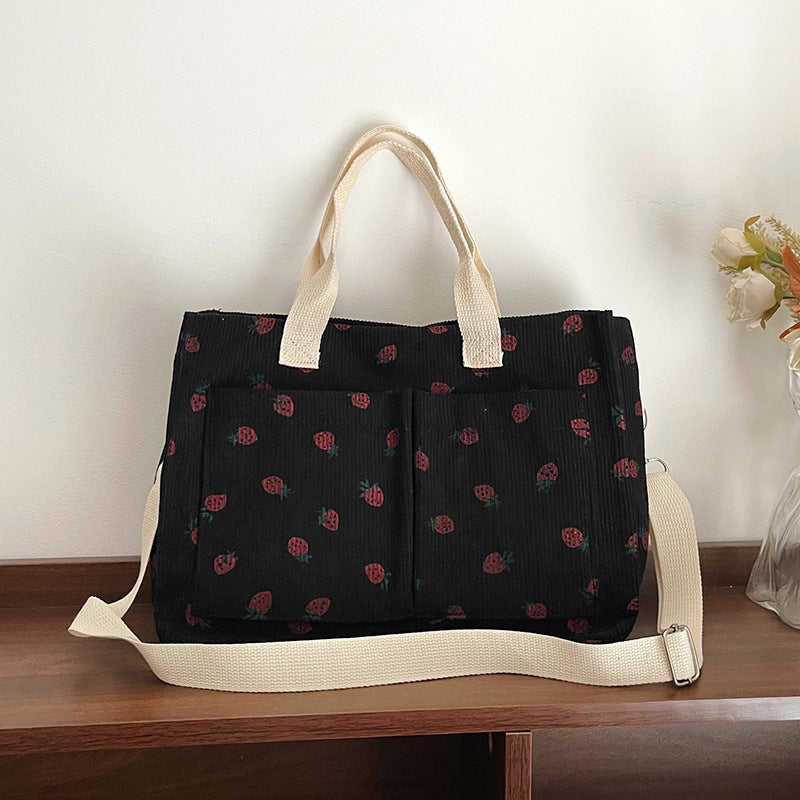 WoStylish Multi-Pocket Strawberry Print Canvas Tote Bag Stornfield