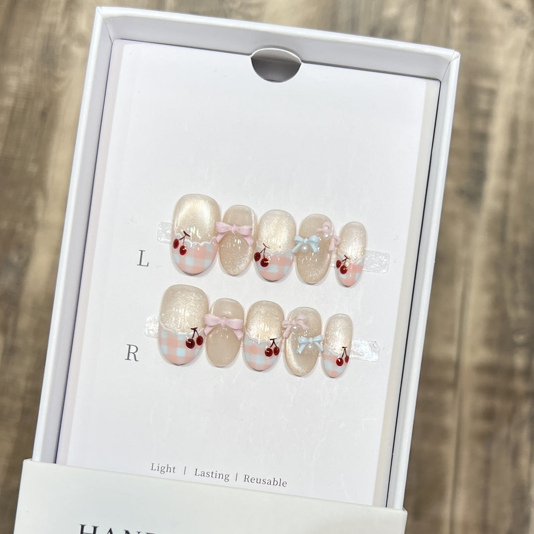 Decorative Press-On Nail Art Set with Charming Bow and Cherry Accents Stornfield