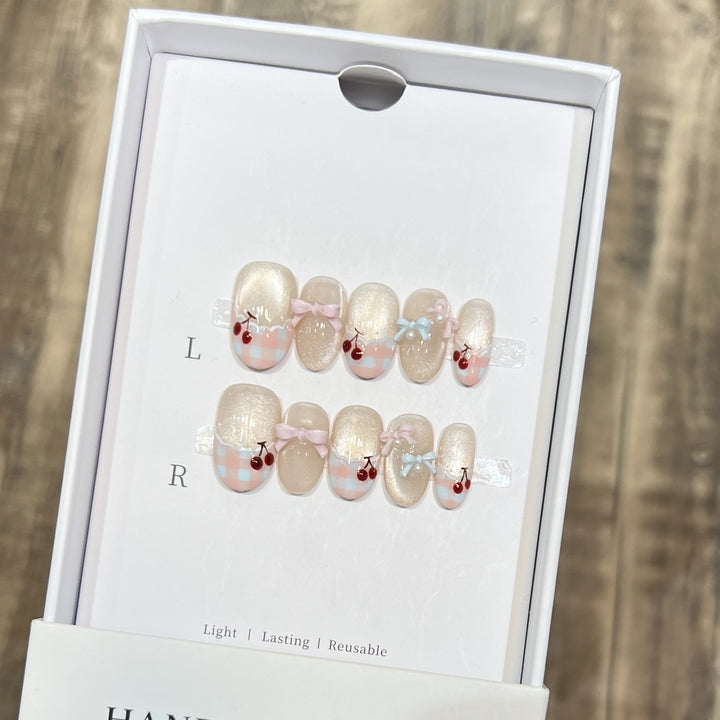 Decorative Press-On Nail Art Set with Charming Bow and Cherry Accents Stornfield