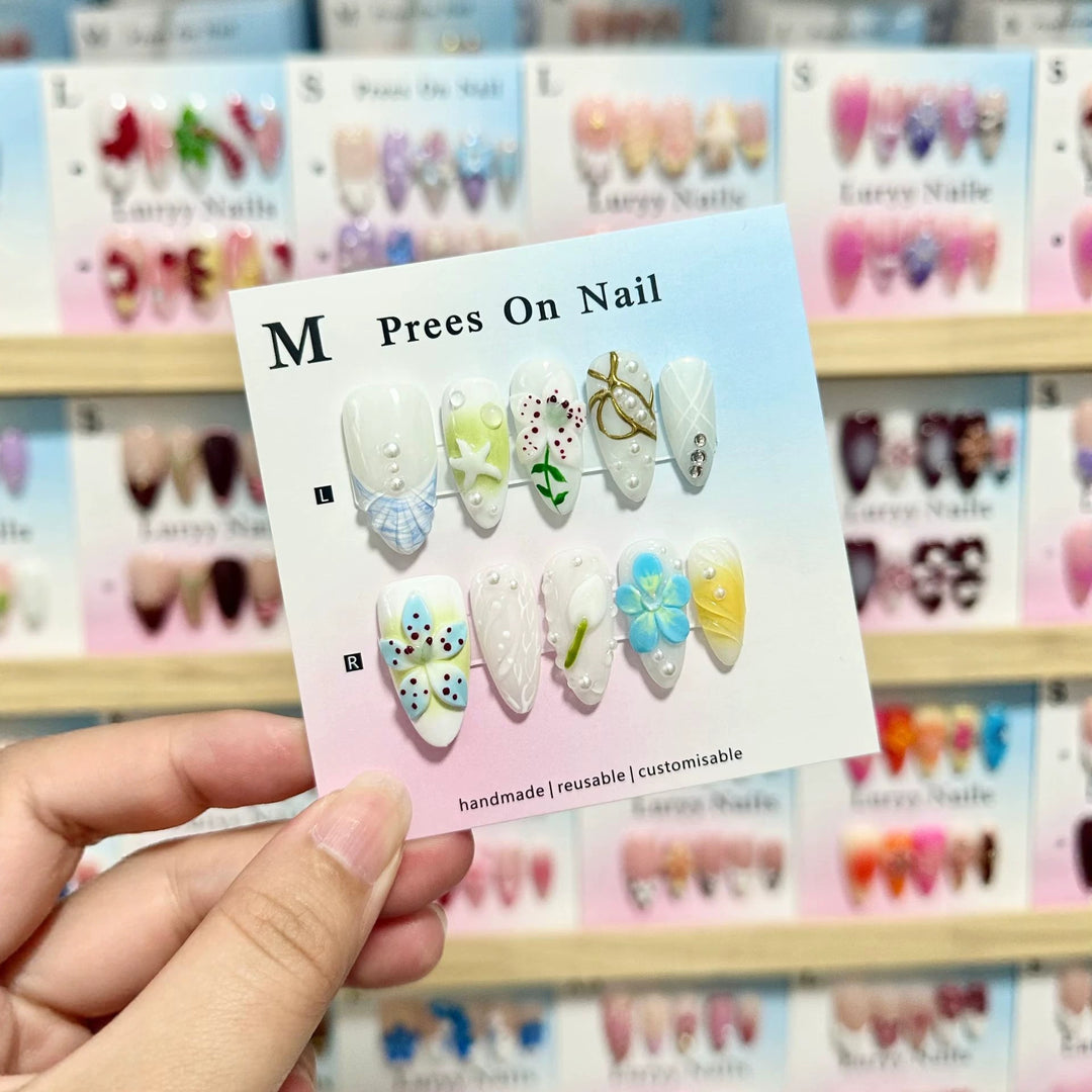 Artistic Press-On Nail Art Set with Floral and Gem Accents  1791774696