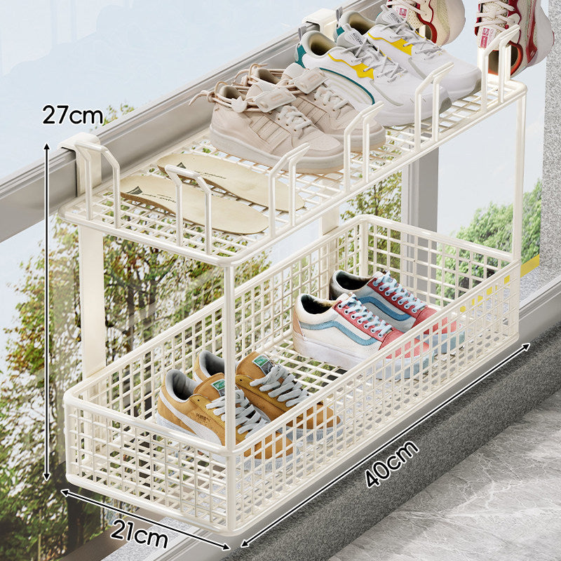 Over-Rail Balcony Shoe Drying and Storage Basket with Divided Mesh Compartments