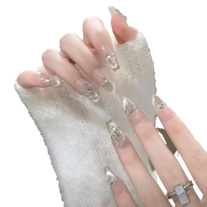 Elegant Press-On Nail Set with Rhinestone Detailing Stornfield