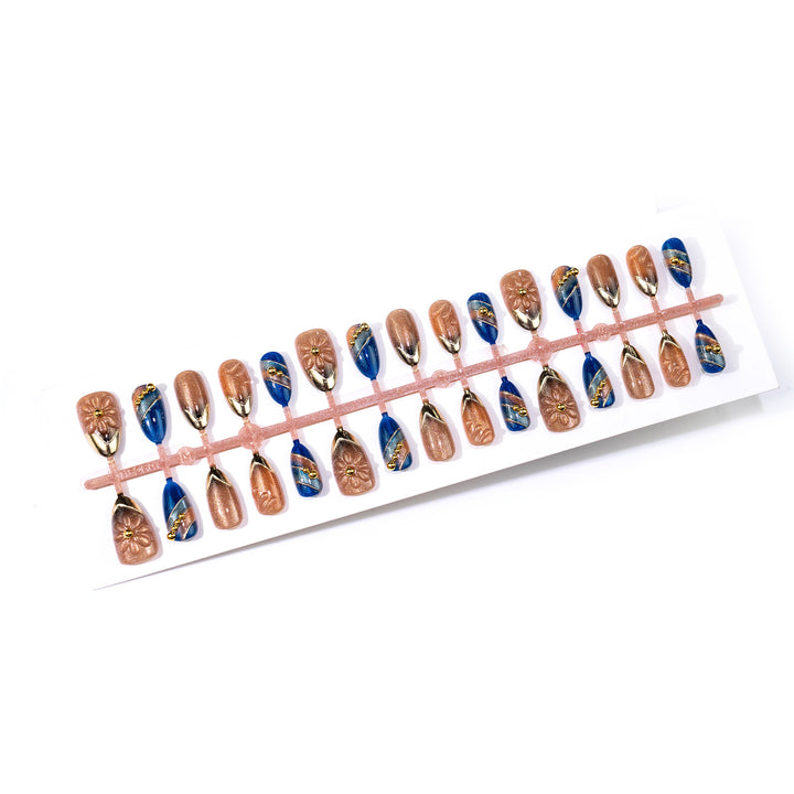 Artistic Press-On Nail Art Set with Gold Accents