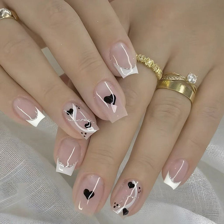 Heart-Embellished French Tip Nail Art Extensions Stornfield