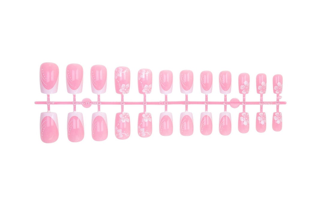 Artificial nail set with elegant French design and delicate flower patterns Stornfield