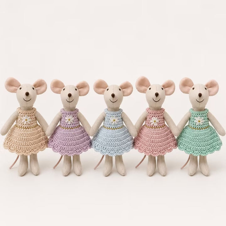 Miniature Hand-Sewn Linen Mouse Soft Toy with Crocheted Dress