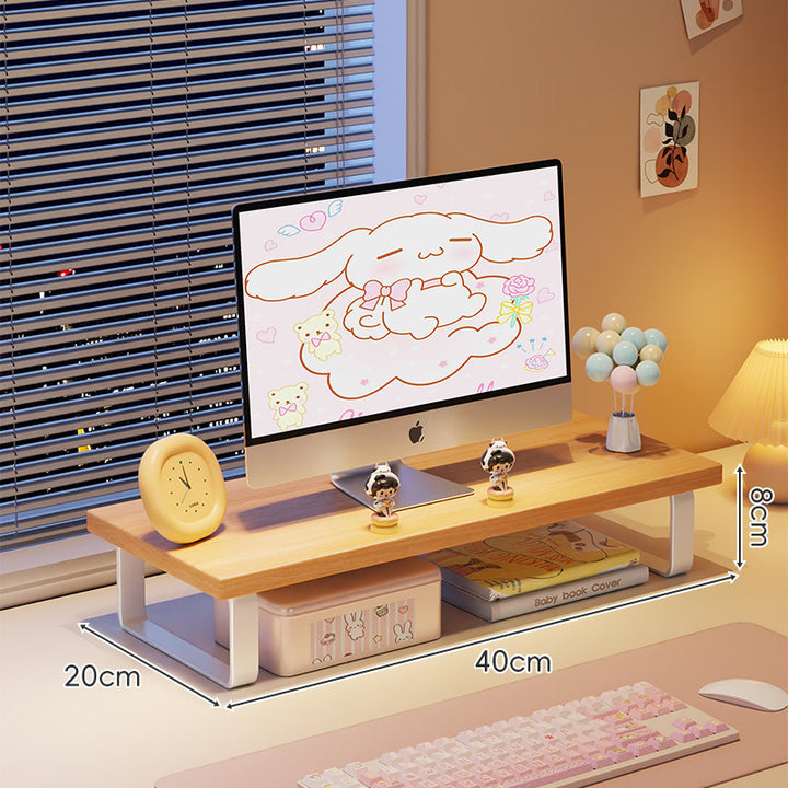 Low-Profile Wooden Monitor Riser with Metal Legs and Under-Shelf Storage