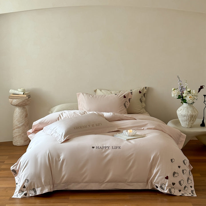 Cotton-Sateen Duvet Cover Bedding Set with Embroidered Happy Life Script and Scattered Heart Motif
