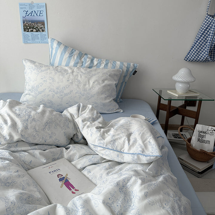 Cotton Floral Duvet Cover Bedding Set with Fitted Sheet and Pillowcases