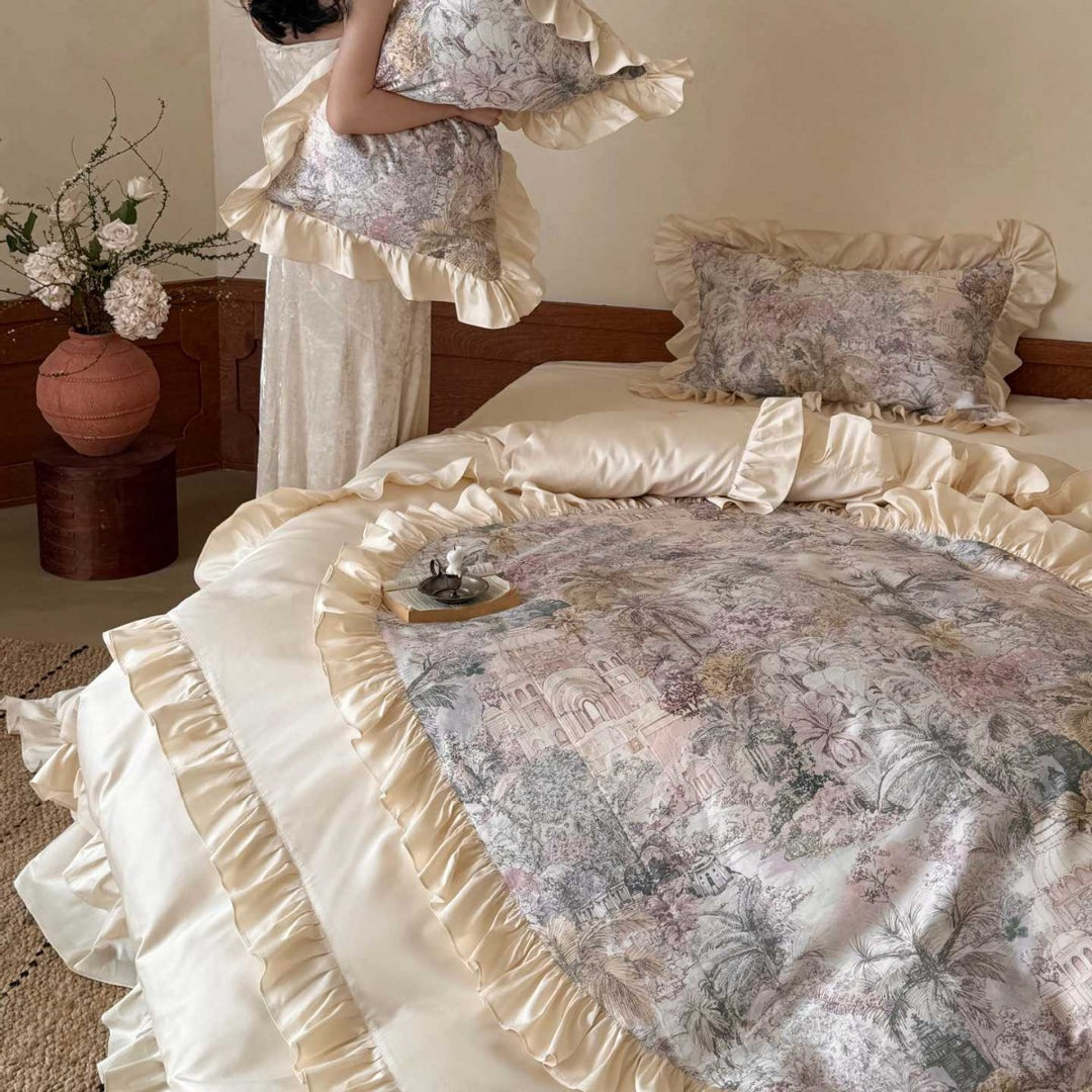 Ruffled Satin-Trim Toile Print Duvet Cover Set with Oval Center Panel