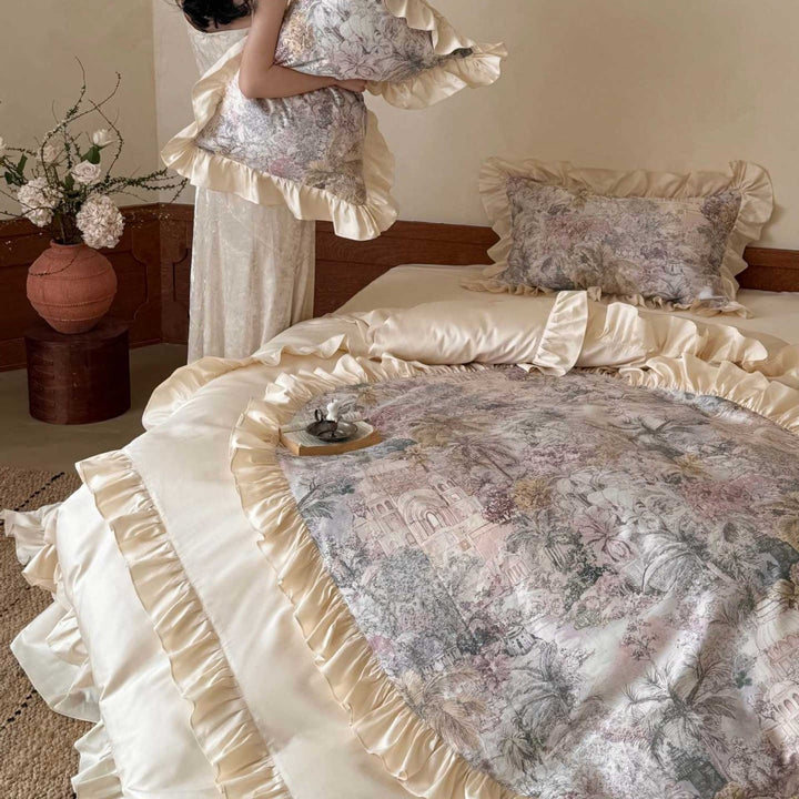 Ruffled Satin-Trim Toile Print Duvet Cover Set with Oval Center Panel