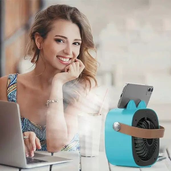 Unisex one size compact USB rechargeable personal mist cooler with adjustable grid air humidifier and leather carrying strap Stornfield