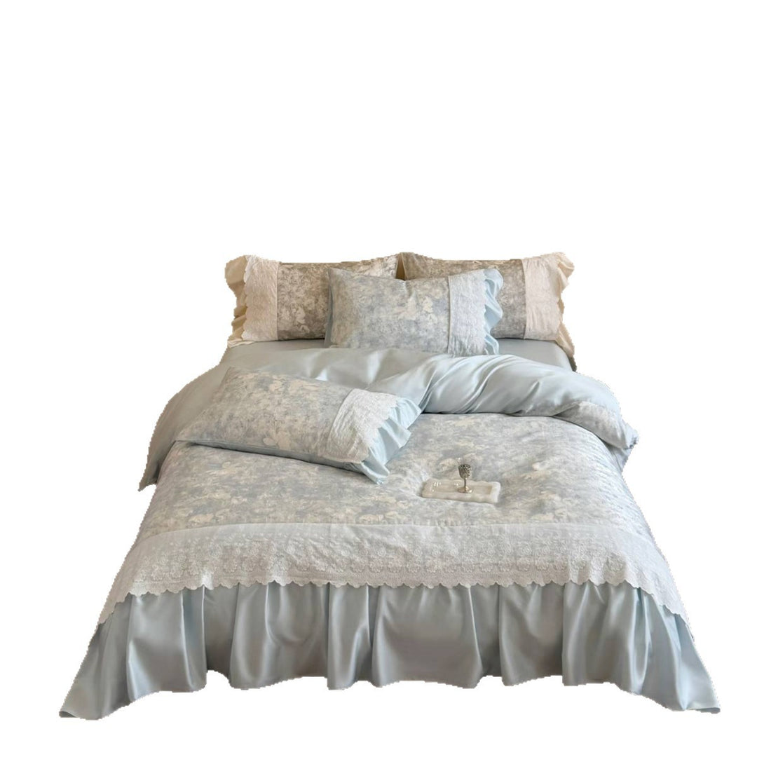 Romantic Ruffled Satin-Blend Duvet Cover Set with Lace Trim & Decorative Bed Skirt