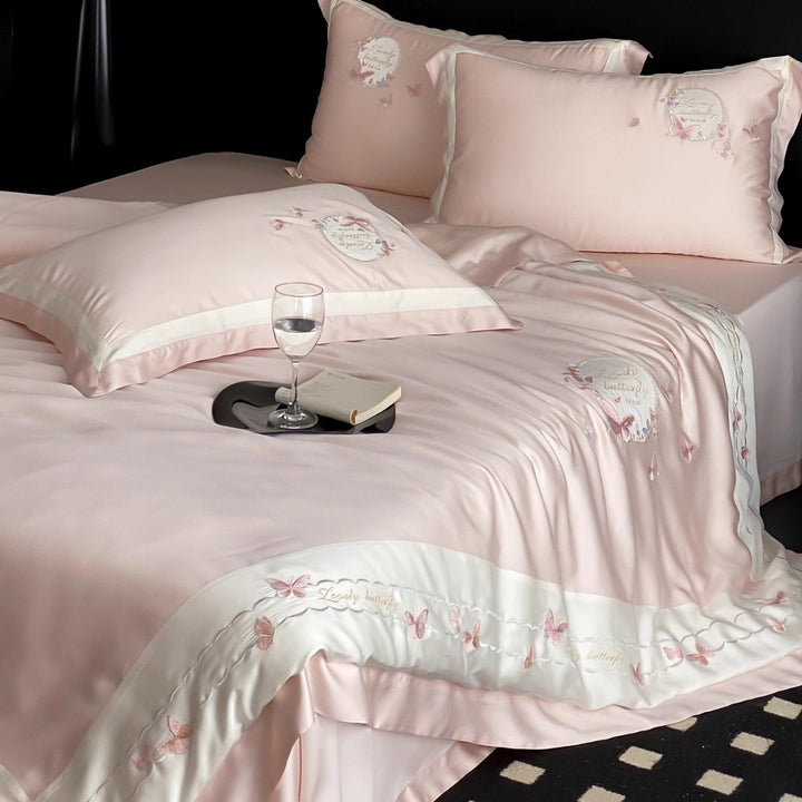 Embroidered Satin-Feel Butterfly Duvet Cover Bedding Set