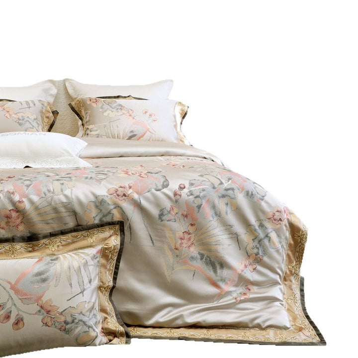 Luxury Botanical Satin-Feel Duvet Cover Set with Embroidered Gold Border and Reversible Sateen Backing