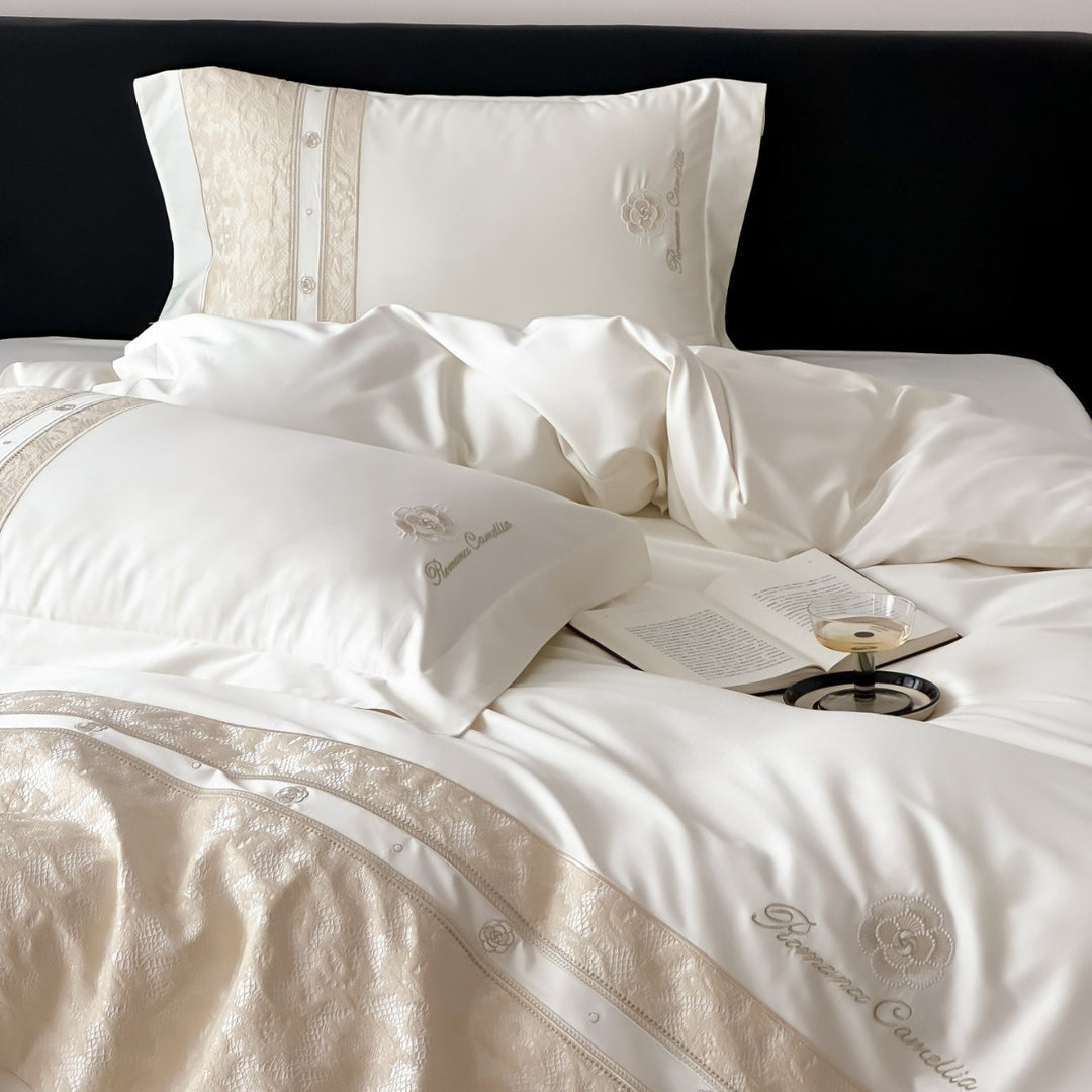 Luxury Embroidered Satin Sheet Set with Jacquard Border and Decorative Pillow Shams