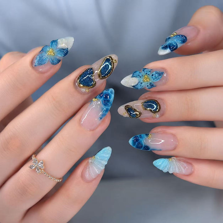 Artistic Press-On Nail Tips Set with Floral and Geometric Patterns Stornfield