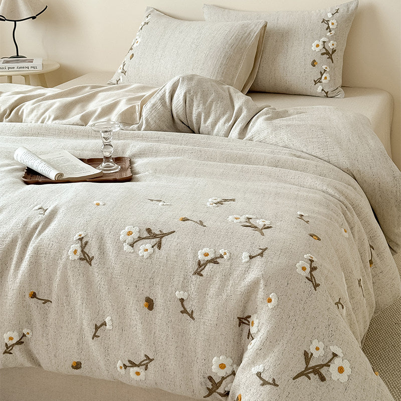 Embroidered Cotton-Linen Duvet Cover Bedding Set with Quilted Reversible Comforter and Decorative Pillow Shams