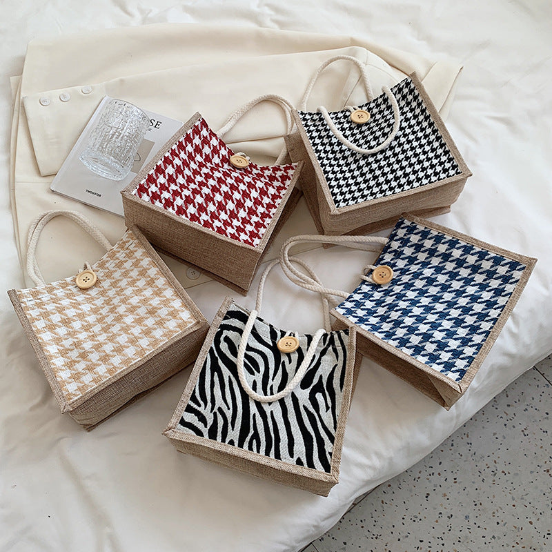 Houndstooth Patterned Canvas Tote Bag