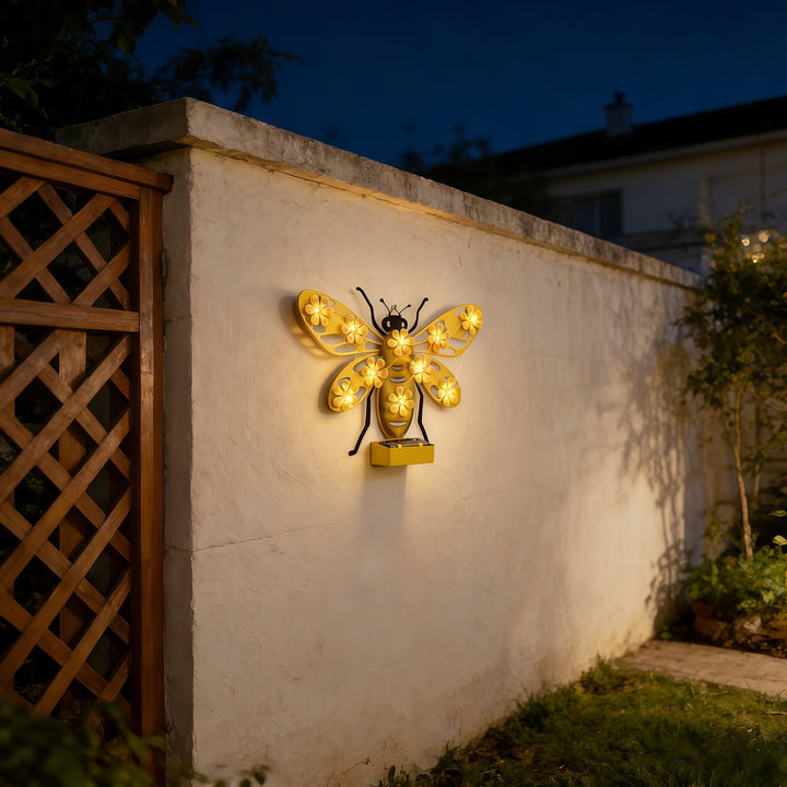Decorative Solar LED Bee Wall Sculpture With Floral String Lights And Metal Mount Stornfield
