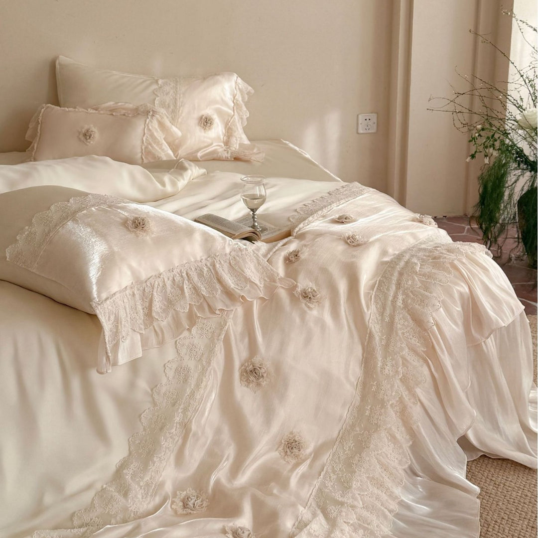 Lace-Trimmed Satin Ruffled Duvet Cover Set with Rosette Pillow Shams
