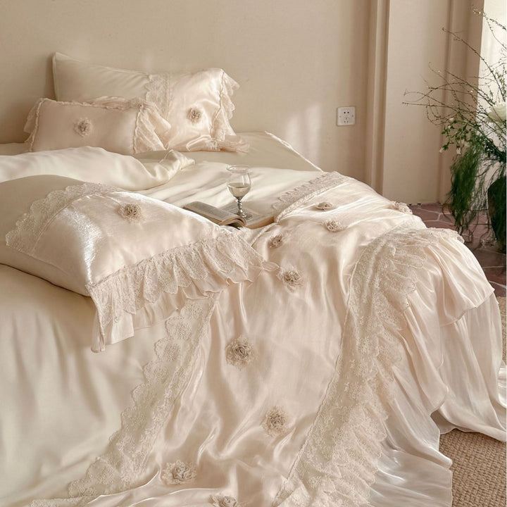Lace-Trimmed Satin Ruffled Duvet Cover Set with Rosette Pillow Shams