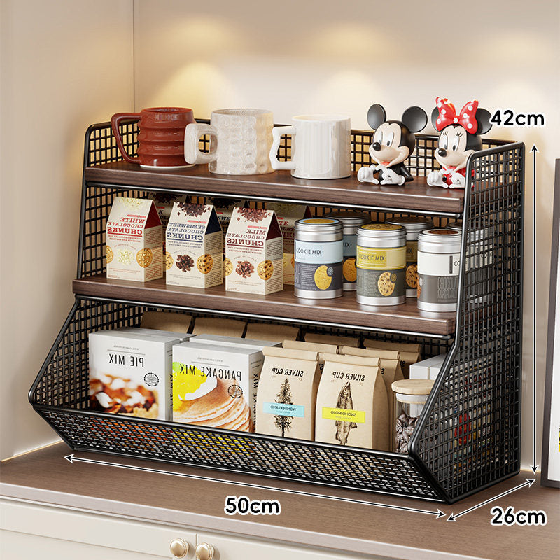 Compact Mesh Countertop Pantry Organizer with Two Wooden Shelves and Deep Front Basket