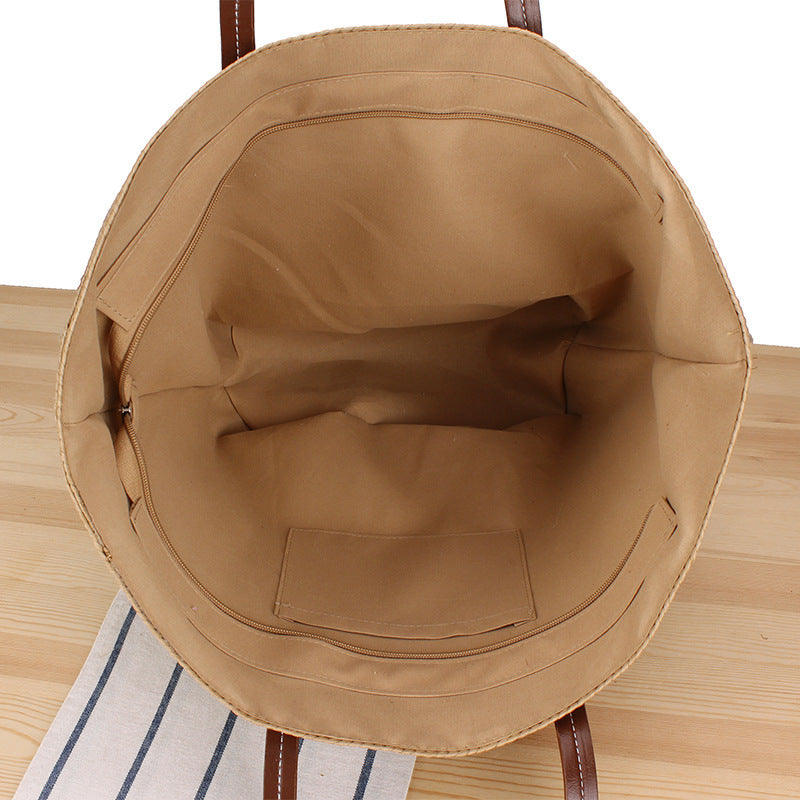 Trendy Beach Bag Made of Woven Straw and Leather Accents Stornfield