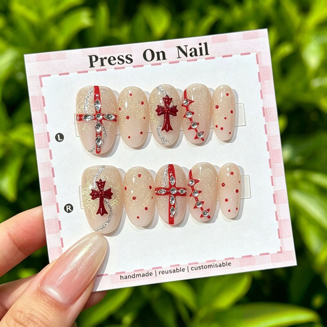 Decorative Press-On Nail Set with Gem Accents  1791774365