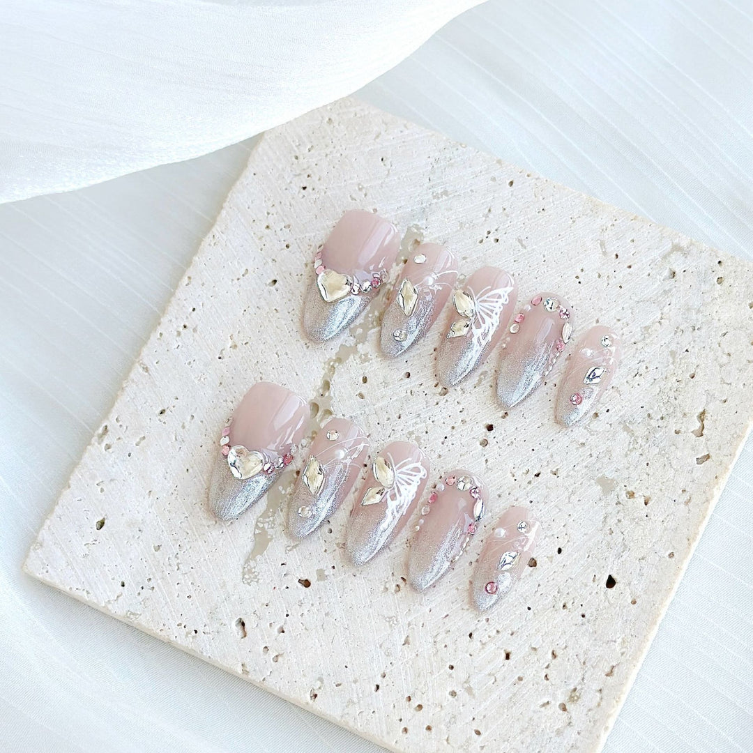 Handcrafted Press-On Nails with Rhinestone Accents