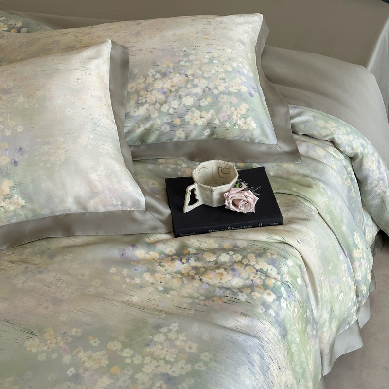 Botanical Watercolor Micro-Sateen Reversible Duvet Cover Set with Embroidered Lumbar Pillow