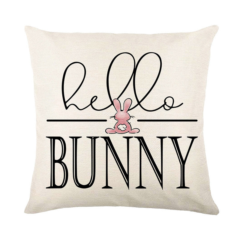Decorative Linen Throw Pillow Cover with Hello Bunny Printed Design