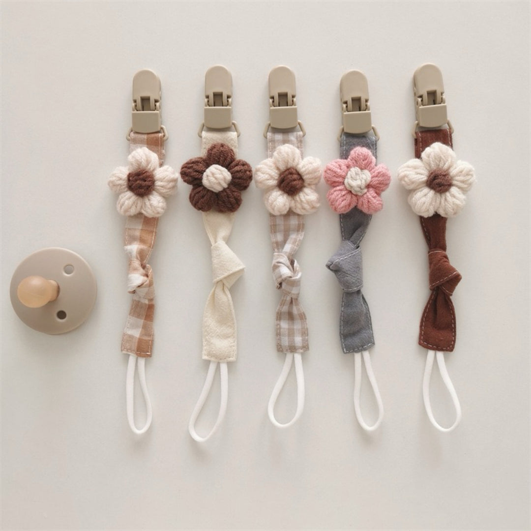 Organic Cotton Pacifier Leash with Quick-Release Clip and Hand-Knit Flower
