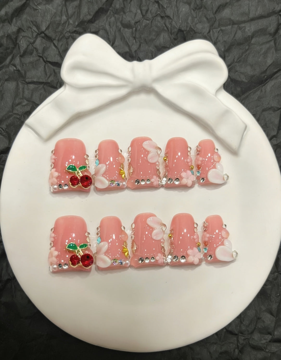 Decorative Press-On Nail Art Set with Floral and Cherry Accents