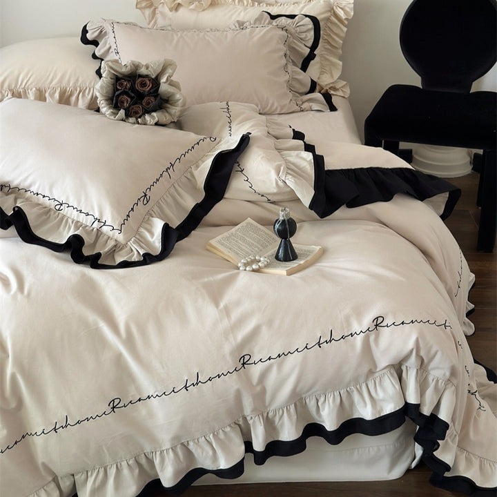 Ruffled Embroidered Duvet Cover Bedding Set