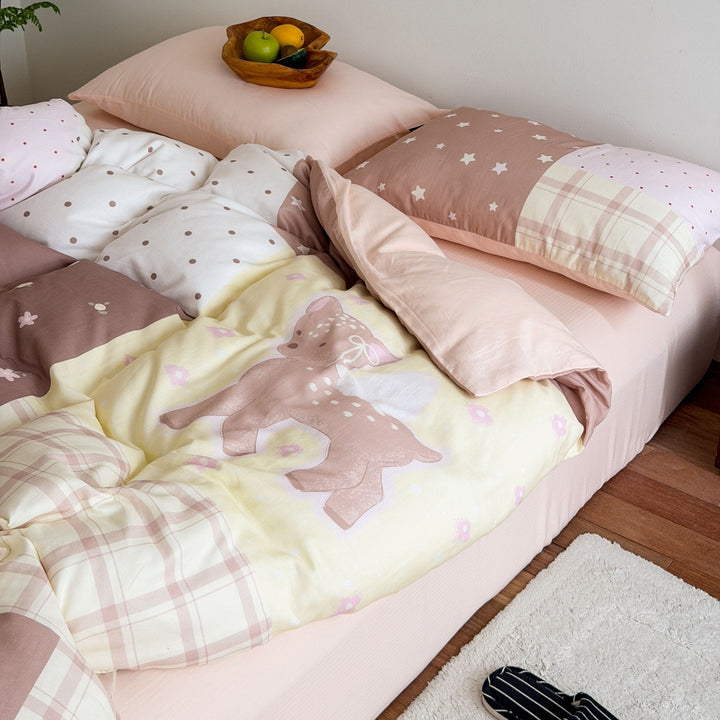 Modern reversible bed linen set with Vichy check and patchwork mix, including fitted sheet