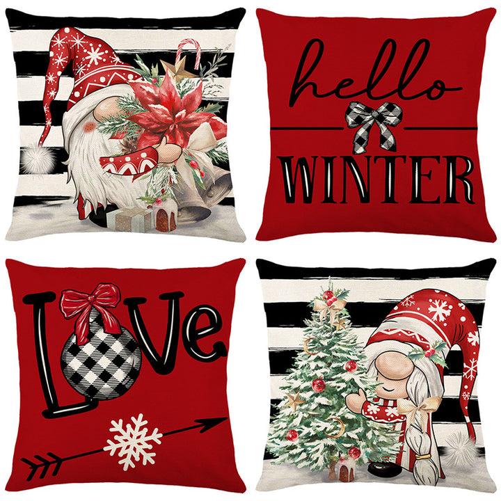 Decorative Seasonal Square Pillow Cover with Hello Winter Script and Buffalo-Check Bow Print