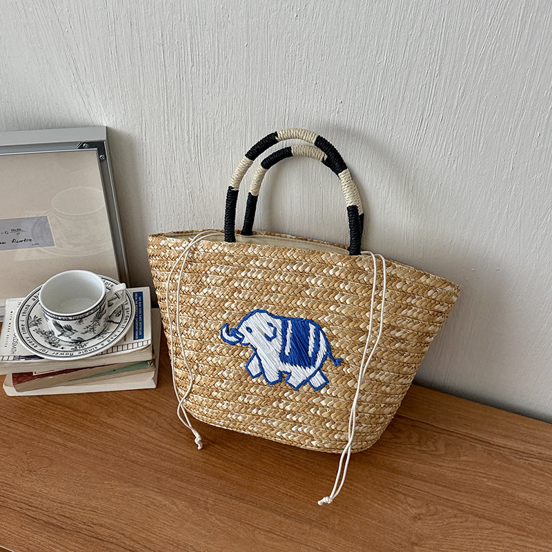 Embroidered Straw Market Tote