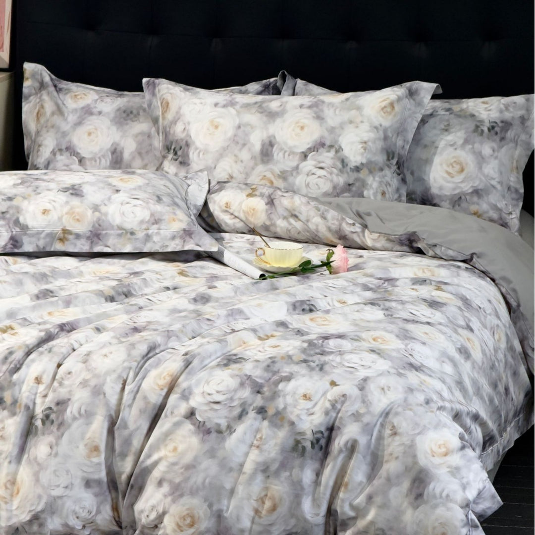 Satin bedding set with delicate floral and butterfly print and reversible function