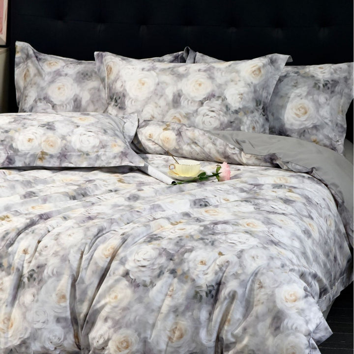Satin bedding set with delicate floral and butterfly print and reversible function