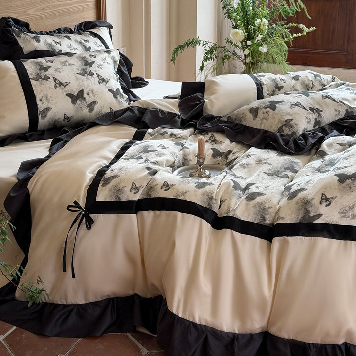 Butterfly-Illustration Ruffled Duvet Cover Set with Satin Ribbon Ties & Frilled Shams